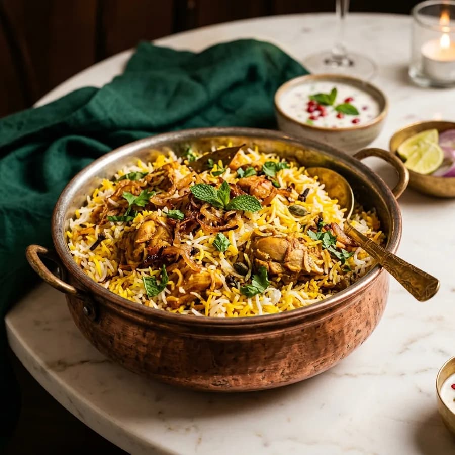 Chicken Dum Biryani in a copper handi