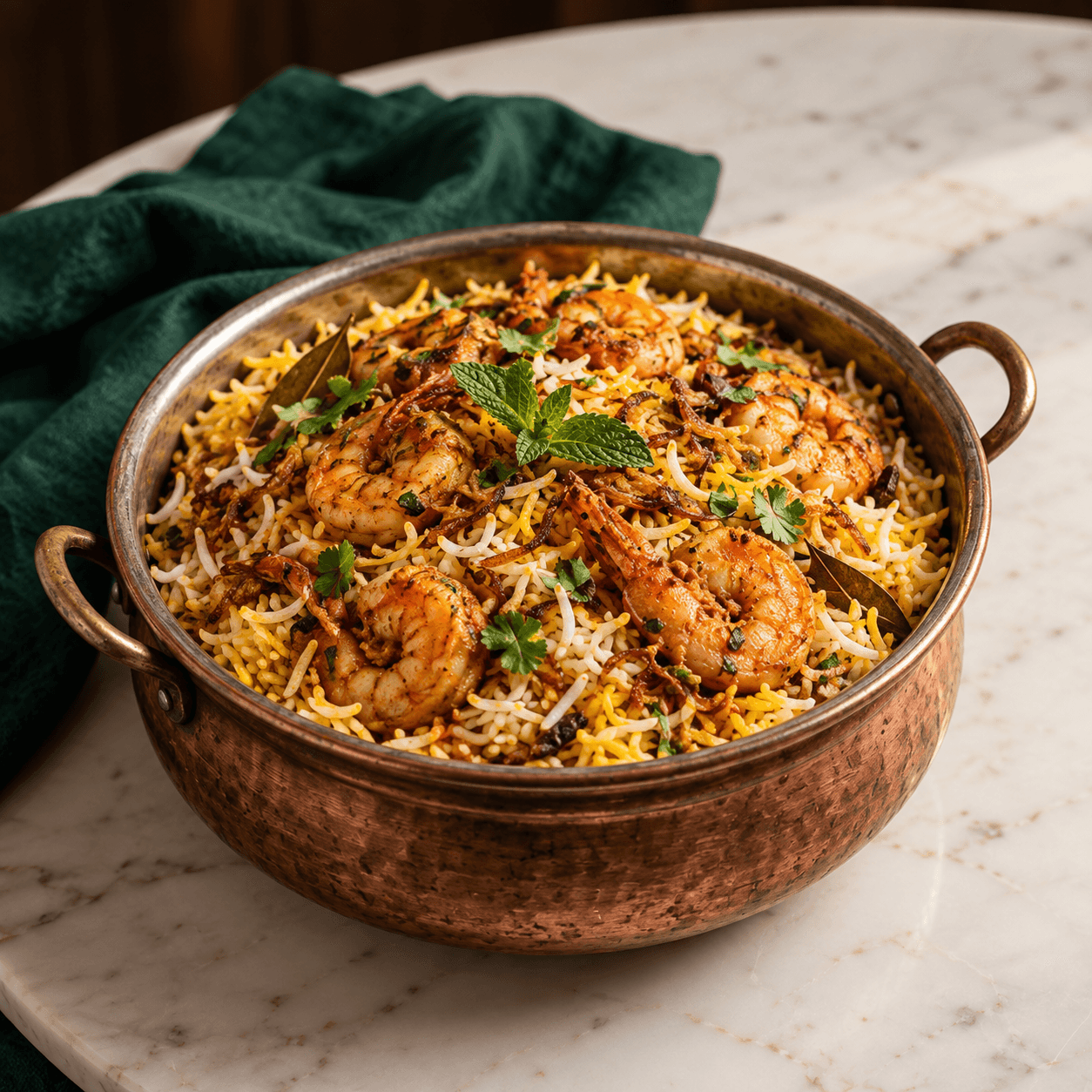 Prawns Dum Biryani, AI-generated illustrative serving image